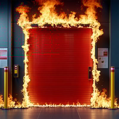 a fire rated commercial door guarding from imminent fire show the flames but no so many flames-1