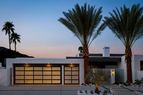 Clopay Avante Collection glass garage doors on the Christopher Kennedy Compound in Palm Springs.