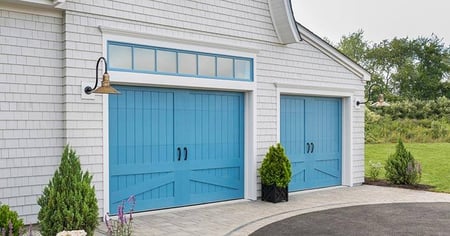Coastal Beach House - Clopay Canyon Ridge Collection faux wood carriage house garage doors, Design 35 in a custom paint color