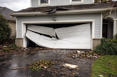 residential garage door damaged by a hurricane
